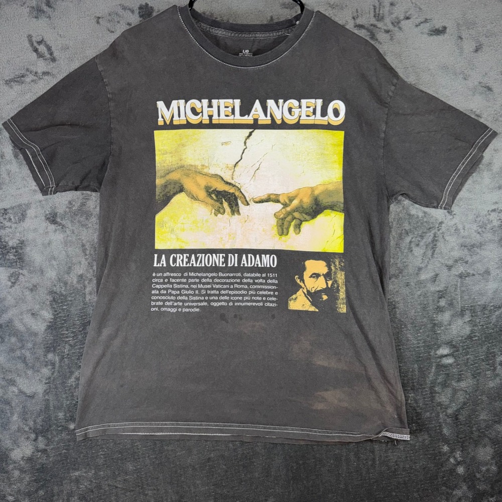 Mens Large Michelangelo Graphic T-Shirt Gray Excellent Creation of Adam Art Tee
